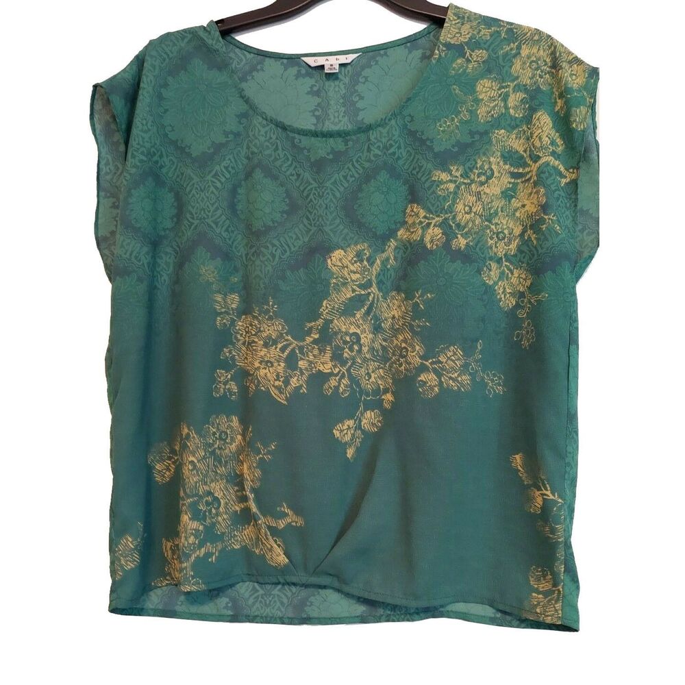 CABI Green Gold Blouse Small Floral Cap Sleeve Top Shirt Oversized
